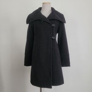 Ann Klein Coat Black Wool Blend Huge Lapels Collar Midi Trench Jacket Size Small